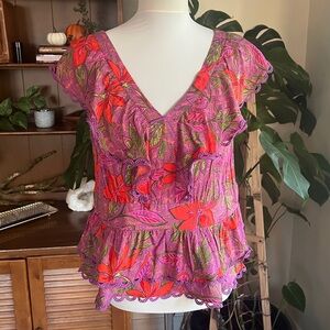 Rose + Olive Floral V-Neck Lace Trim Blouse Top M